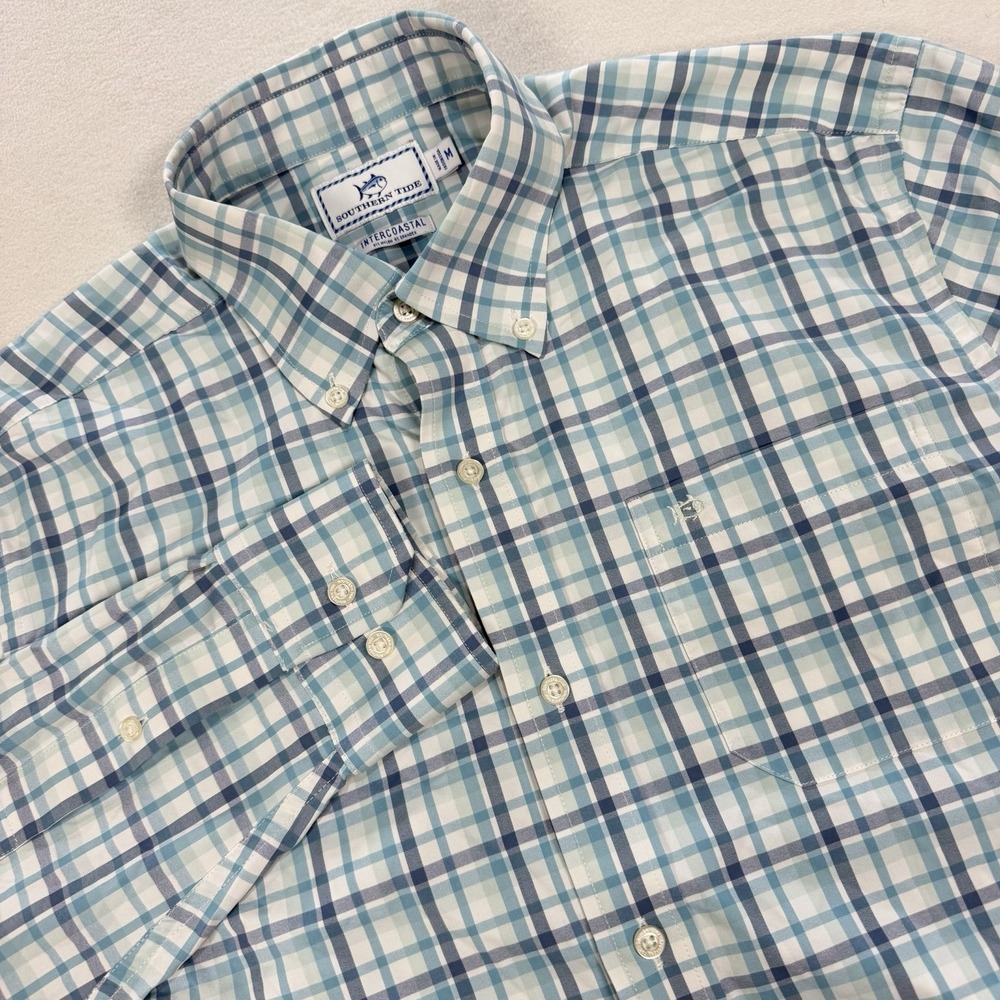 Southern Tide Intercoastal Plaid Shirt Medium Blue Performance Nylon Stretch